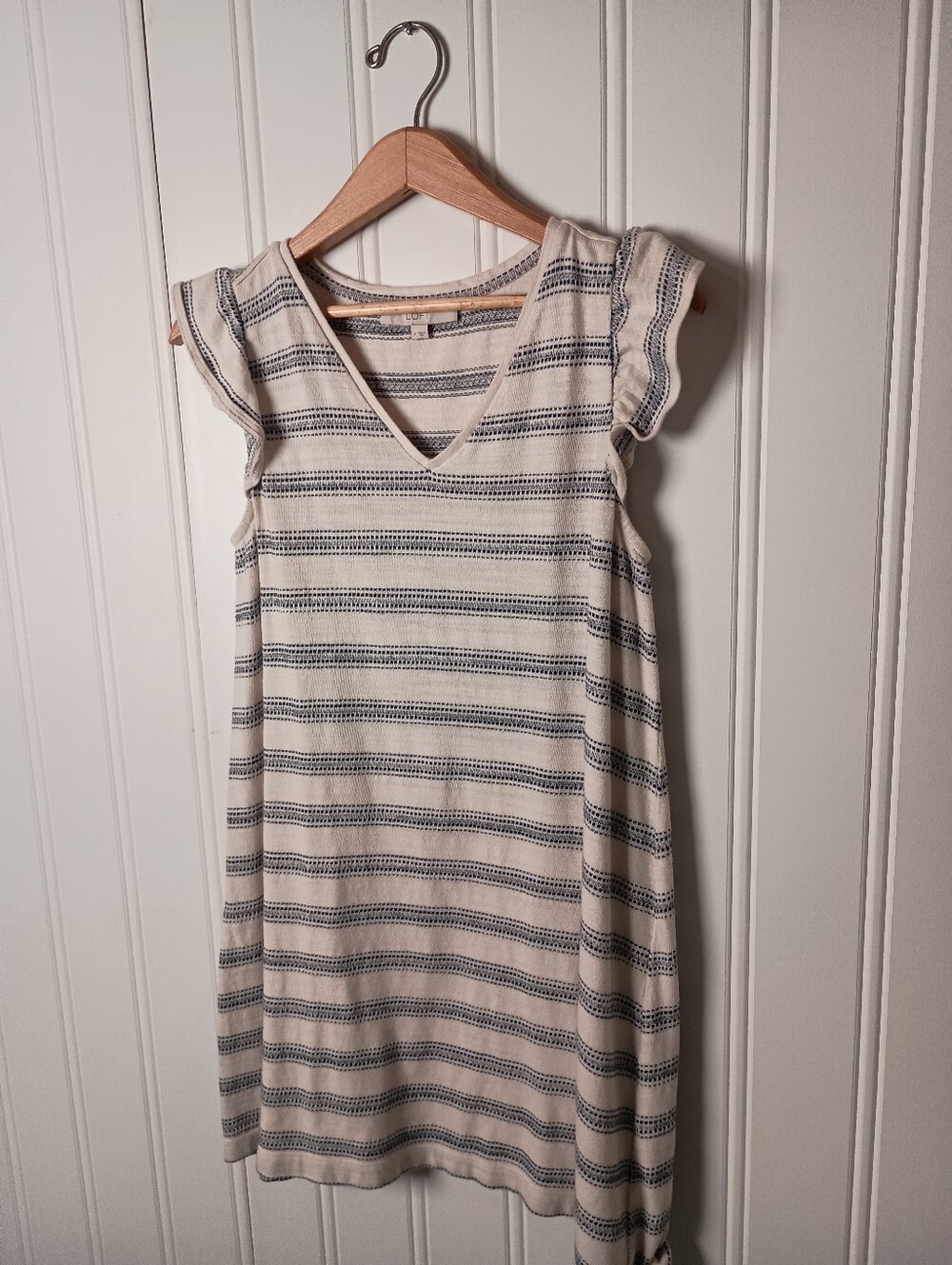Loft- Women’s Cream and Navy Striped V-Neck Dress- Size S/M